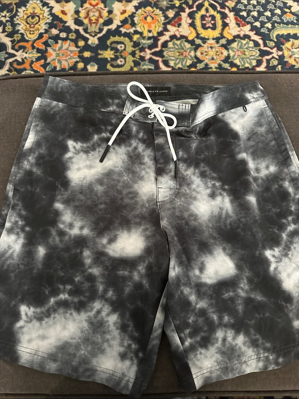 Tie-Dye Black & Gray Board Shorts with White Drawstring